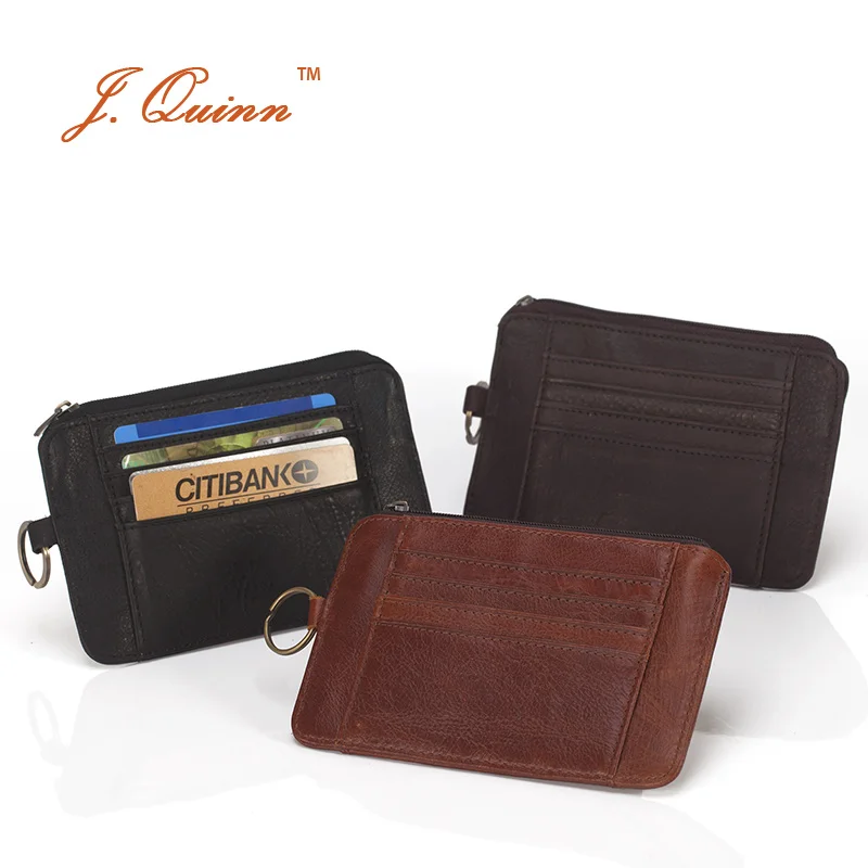 Мужской кожаный кошелек J.Quinn на молнии тонкий бумажник из воловьей кожи деловой