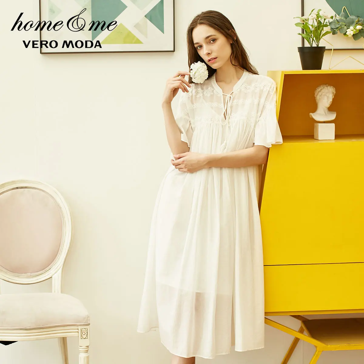 Snow white Vero Moda Новое Женское Королевское Платье с вышивкой в национальном стиле с расклешенными рукавами удобное домашнее платье | 31917B508 - Цвет: Snow white