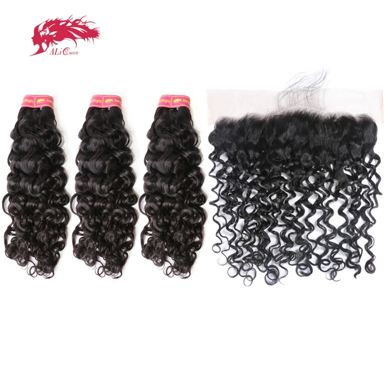 Али queen hair продукты бразильский волна воды Virgin человеческих волос 3 Связки с 1 шт. 13x4 кружева Фронтальная застежка с ребенком волос