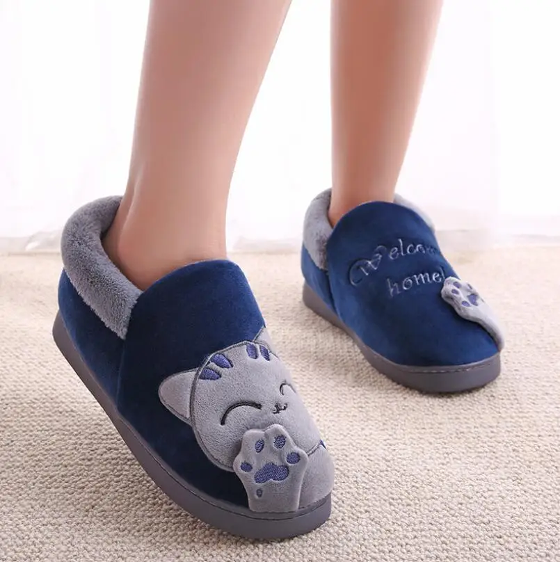 Shoes Blue NOOLIM/зимние женские тапочки с изображением из мультфильма Lucky Cat; нескользящая домашняя обувь; мужская домашняя обувь для влюбленных пар; теплая плюшевая обувь - Цвет: Shoes Blue