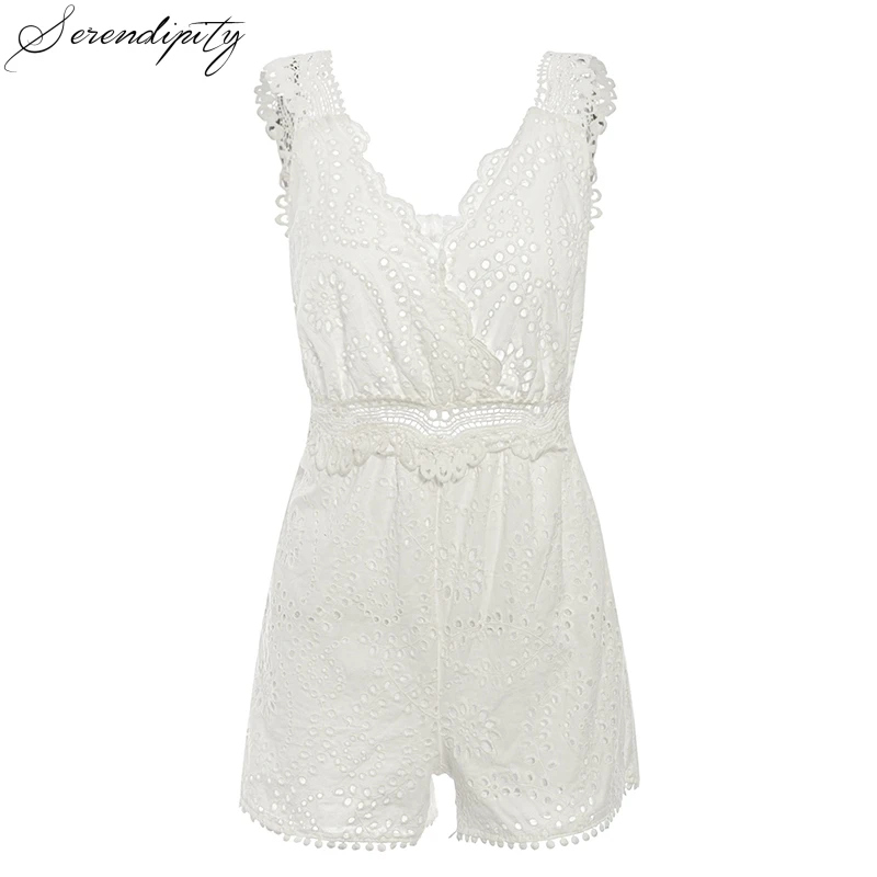 Женский кружевной комбинезон с вышивкой белый пикантный летний открытой спиной
