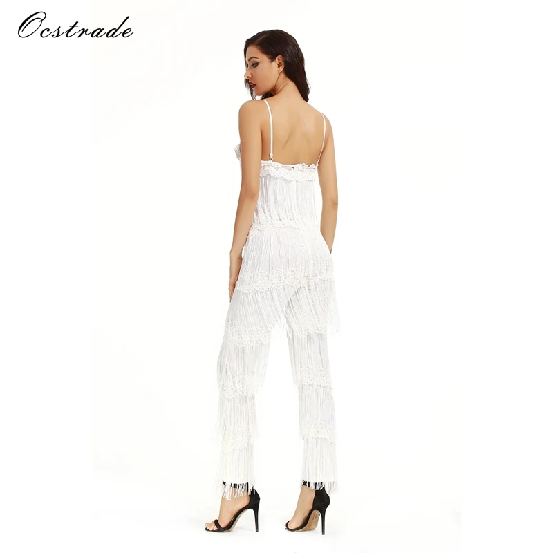 Женский комбинезон с кисточками Ocstrade подиумный черный без рукавов ремешками