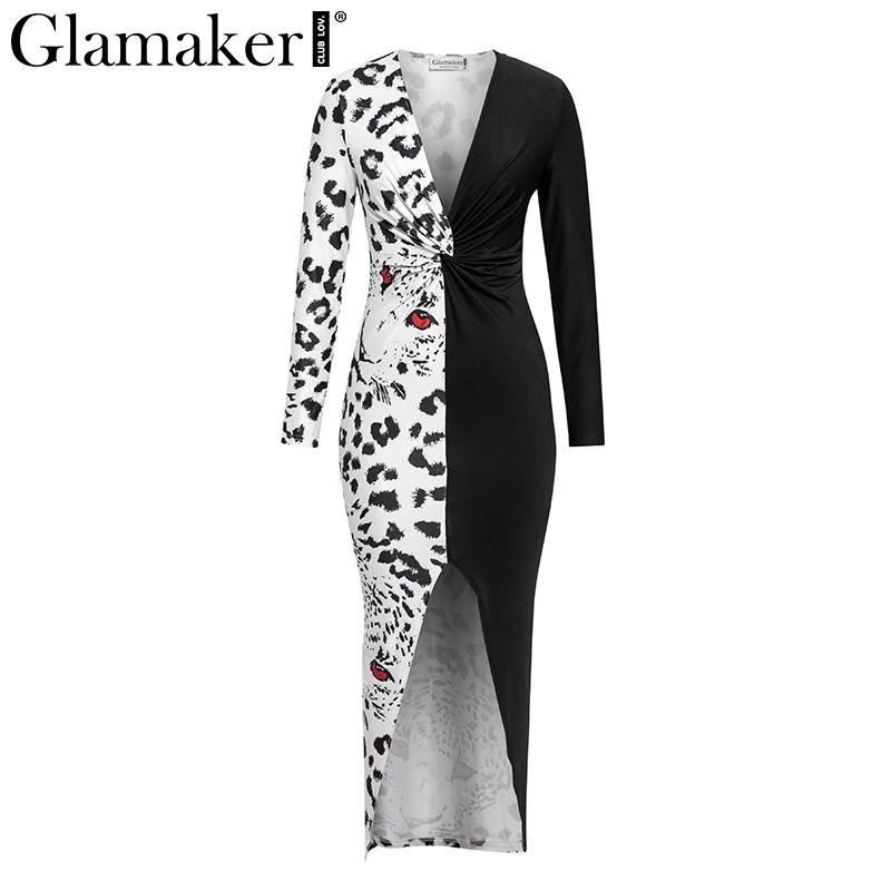 Черный Glamaker, глубокий v-образный вырез, Леопардовый принт пэтчворк, длинное платье для женщин, бодикон, высокий разрез, платье для вечеринки, летнее, миди, элегантное платье - Цвет: Черный