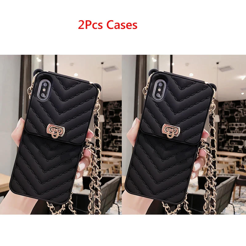 2PCS Black Чехол-кошелек для iPhone 11 Pro Max X 10 8 7 6s 6 Plus, силиконовая сумка на плечо для карт, кошелек с длинной цепочкой, чехол для телефона для iPhone XR XS Max - Цвет: 2PCS Black