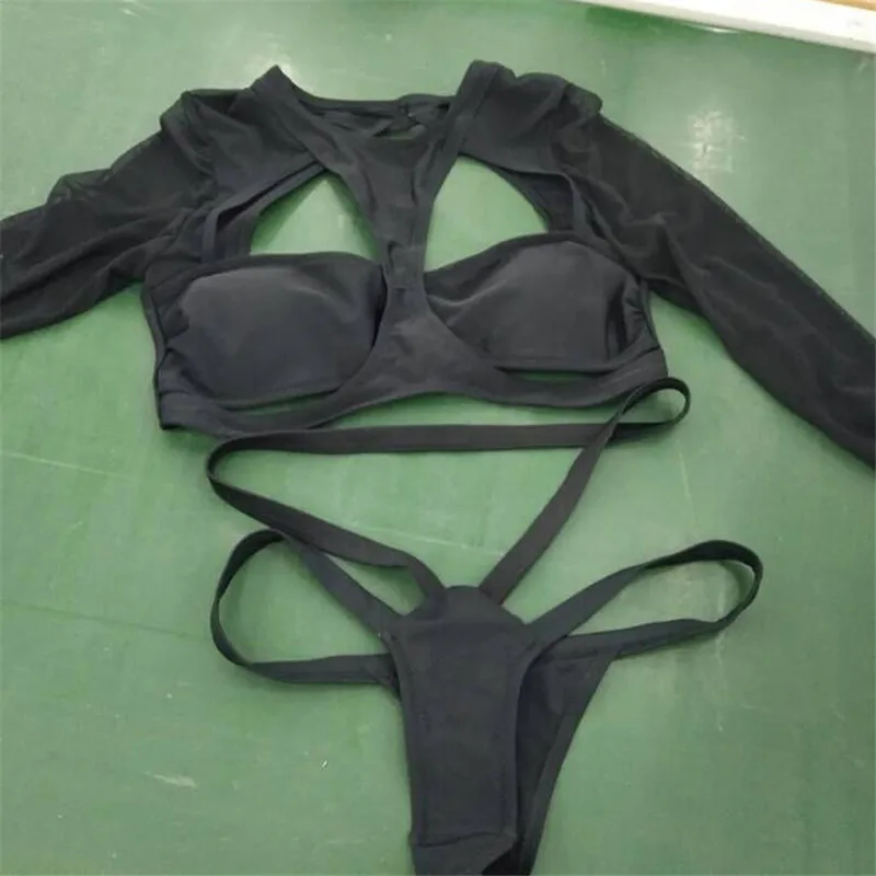 

2pcs/Set Sexy Women Beach Bikini Set 2018 New Push-Up Bandage Black Swimsuit Long Sleeve Swimwear Brazilian Biquini Bathing Suit