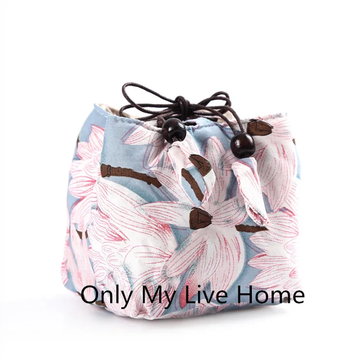 Square Bottom Thicken Linen Printed Cloth Bags Travel Drawstring Jewelry Pouch Portable Small Tea Cup Tea Set Storage Pouch