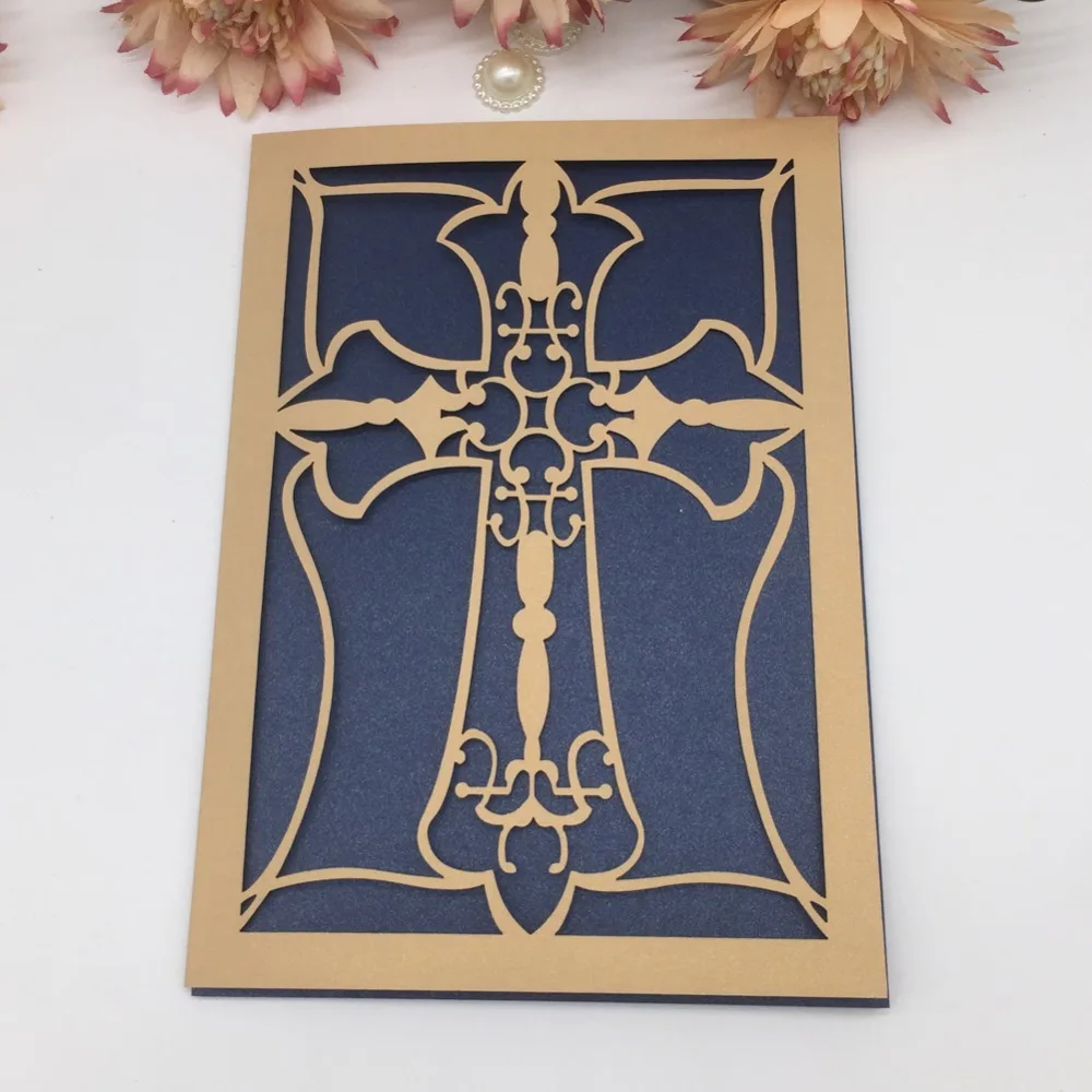 

20Pcs/Lot Luxrious Pray Cross Pearl Paper Christening Baptism Annivery Card Birthday Party Invitations Blessing Greeting Card