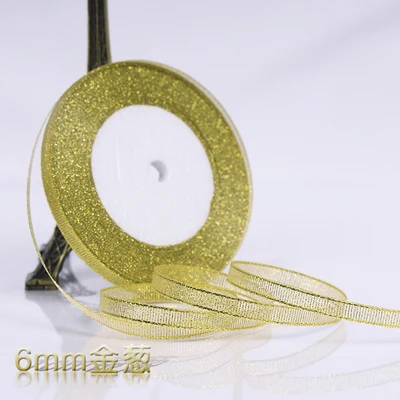 6mm gold Золотой/Серебряный шелк атлас органза лента 0,6-5 см блестящие вышитые ленты для свадебного торта подарок украшения ремесла поставки - Цвет: 6mm gold