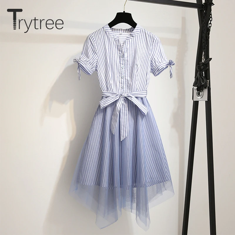 Trytree летняя Осенняя полосатая рубашка, розовое синее платье, женское Повседневное платье с поясом и пуговицами, асимметричное Сетчатое платье трапециевидной формы, офисное женское платье