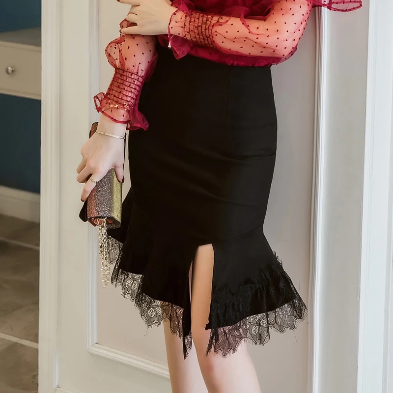 S-5XL Women Pencil Skirt Plus Size New Fashion Zipper Lace Casual Bodycon Elegant Open Split Stretch Fabrics | Женская одежда