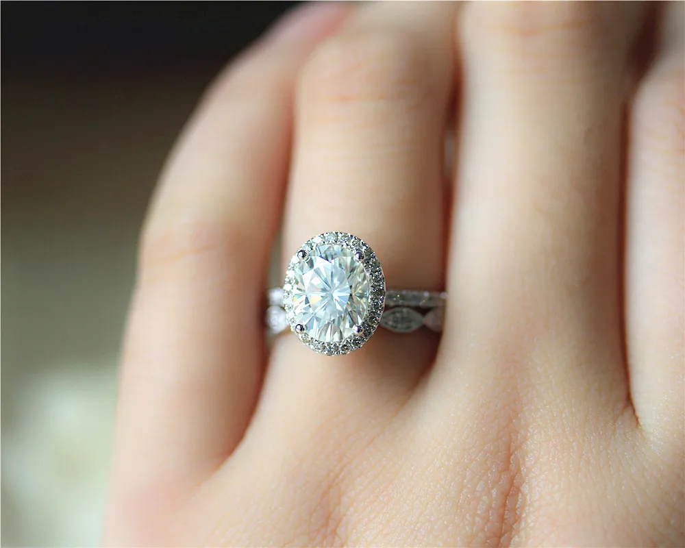 

DUPUY 14K White Gold Engagement Ring Set 7*9mm Oval Cut Forever Classic Ring Art Deco Half Eternity Diamonds Wedding Ring Set