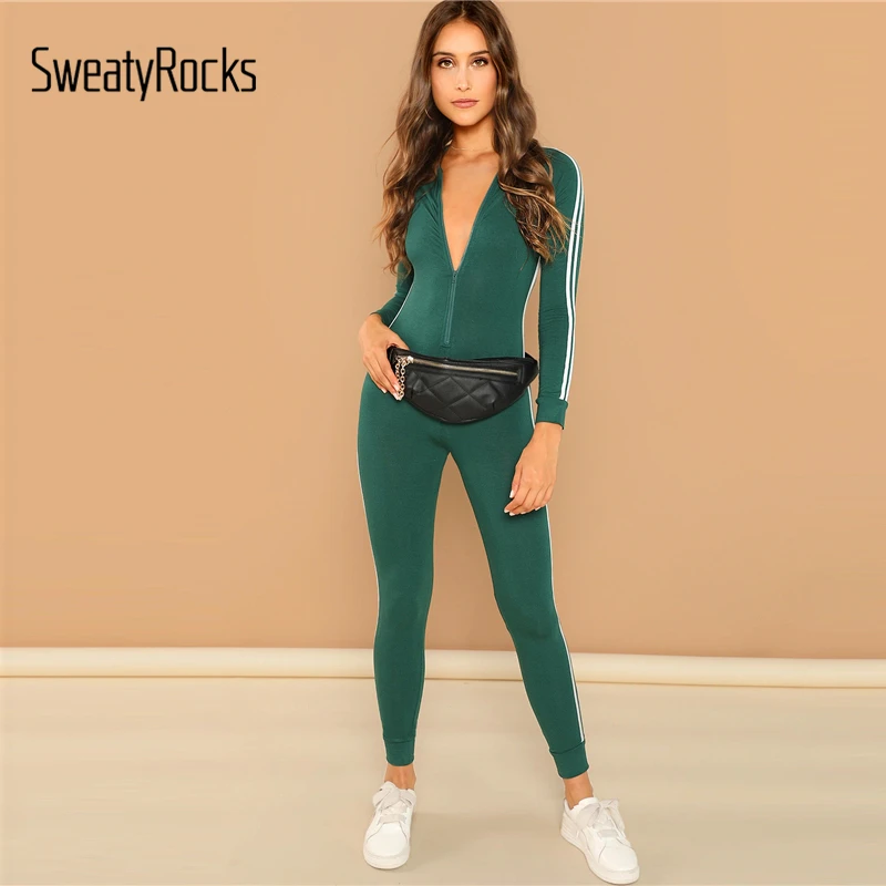 SweatyRocks, рукав реглан, полосатый комбинезон с боковой молнией спереди, летняя Женская эластичная одежда, новинка, повседневный облегающий зеленый комбинезон