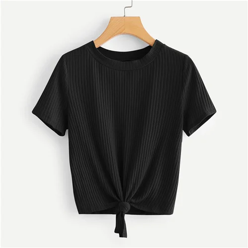 Black SweatyRocks неоновая цветная футболка с узлом спереди, стильная модная эластичная футболка, летняя повседневная женская желтая футболка и топы - Цвет: Black