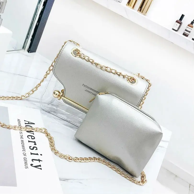2019 Trend Women 2pcs/Set Shoulder Bag PU+PVC Fashion Ladies Transparent Jelly bag Patchwork Candy Color Crossbody bags Hot Sale | Багаж и