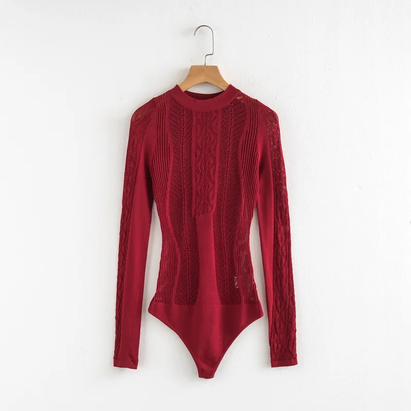 21460 Wine Red Новинка, модные женские зеленые облегающие сексуальные эластичные боди с вырезами, женские прозрачные комбинезоны с длинным рукавом и круглым вырезом, топы, комбинезоны - Цвет: 21460 Wine Red