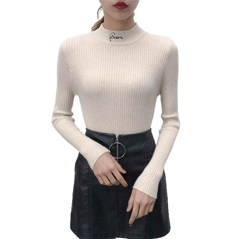 New Women Sweater Queen Embroidery Letter Knitted Pullovers Crew Neck Autumn Winter Casual Slim Elastic Ladies Knitwear | Женская одежда