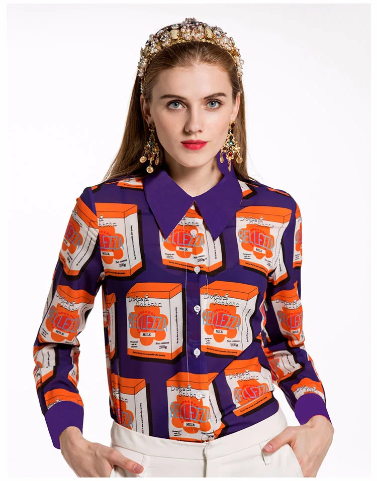 New Arrival 2019 Spring Summer Women's Turn Down Collar Long Sleeves Letters Geometric Printed Fashion Designer Shirts |