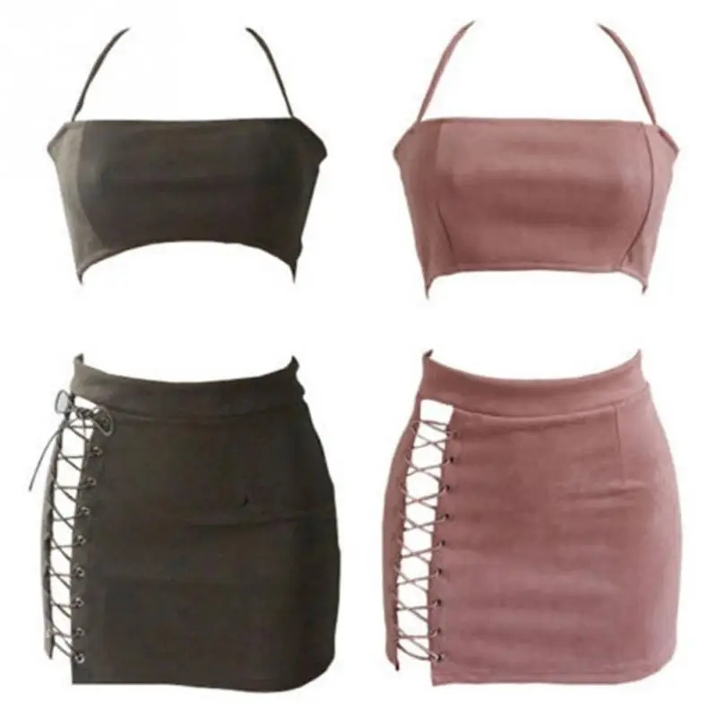 Женский топ без рукавов с бретельками и открытой спиной бандажная замшевая юбка