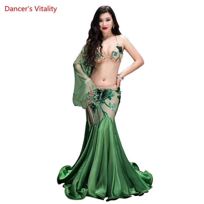 Women Lady Belly Dance Single Sleeve Bra Perspective Skirt Set Competition Performance Clothes Girls Indian Oriental Dancewear |