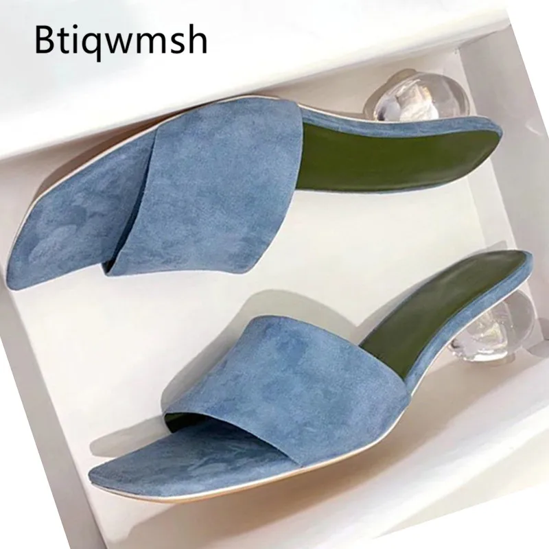 Женские шлепанцы из натуральной кожи прозрачные на каблуке с открытым носком и