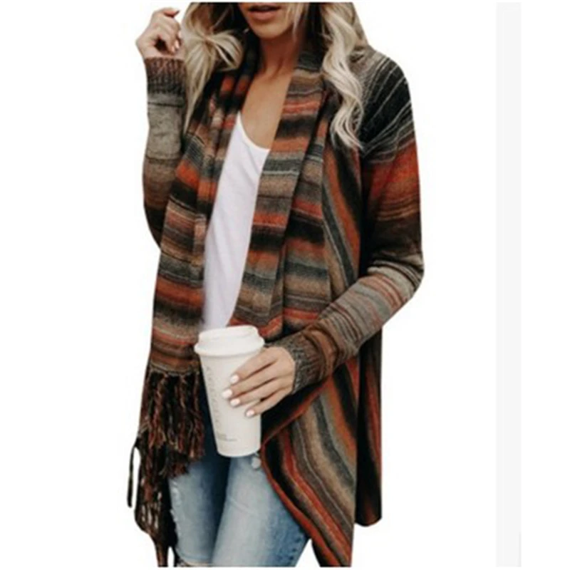 New Autumn Women Sweater Large Size Knitted Coat Slim Cadigan Lopng Sleeve Striped Outerwear Casual Tassel J737 |