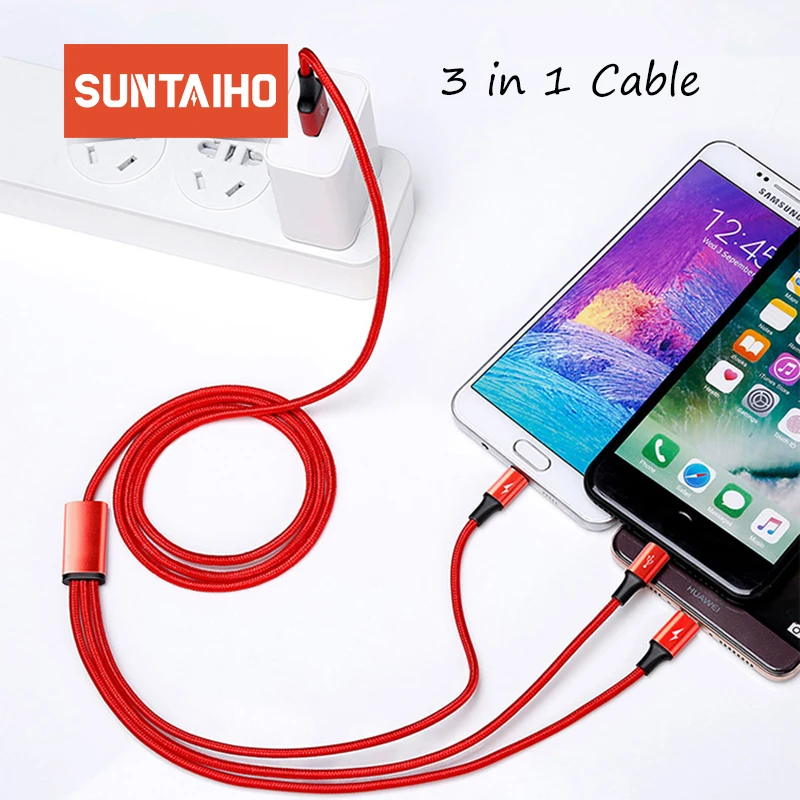 Suntaiho 3in1 Usb C кабель для Xiaomi играть redmi note 7 samsung S9 Micro USB iPhone XR XS max быстрой зарядки 3A