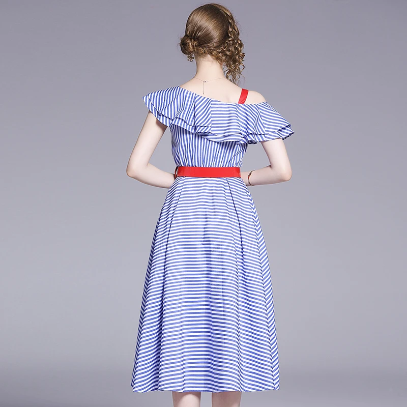 BLLOCUE Ruffled Off Shoulder Blue and White Striped dress 2019 Summer Women High Waist Midi Dress With Belt | Женская одежда