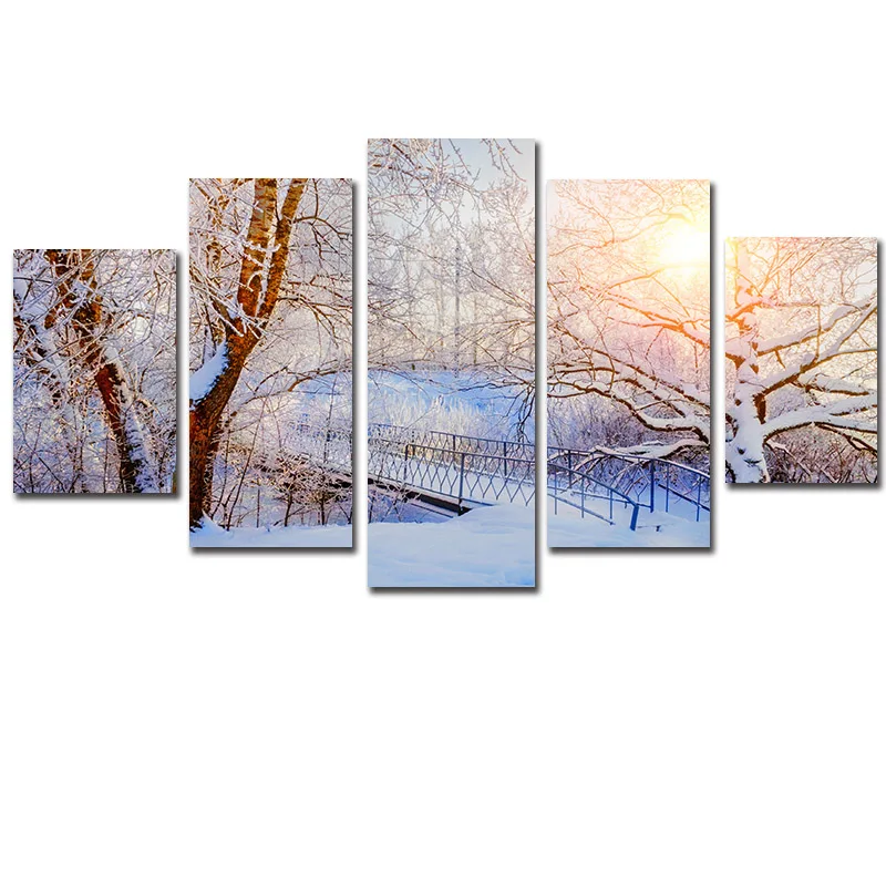 

5 Pieces unframed forest snow sunrise HD Printed Canvas Art Modern Wall Pictures for Living Room home decor