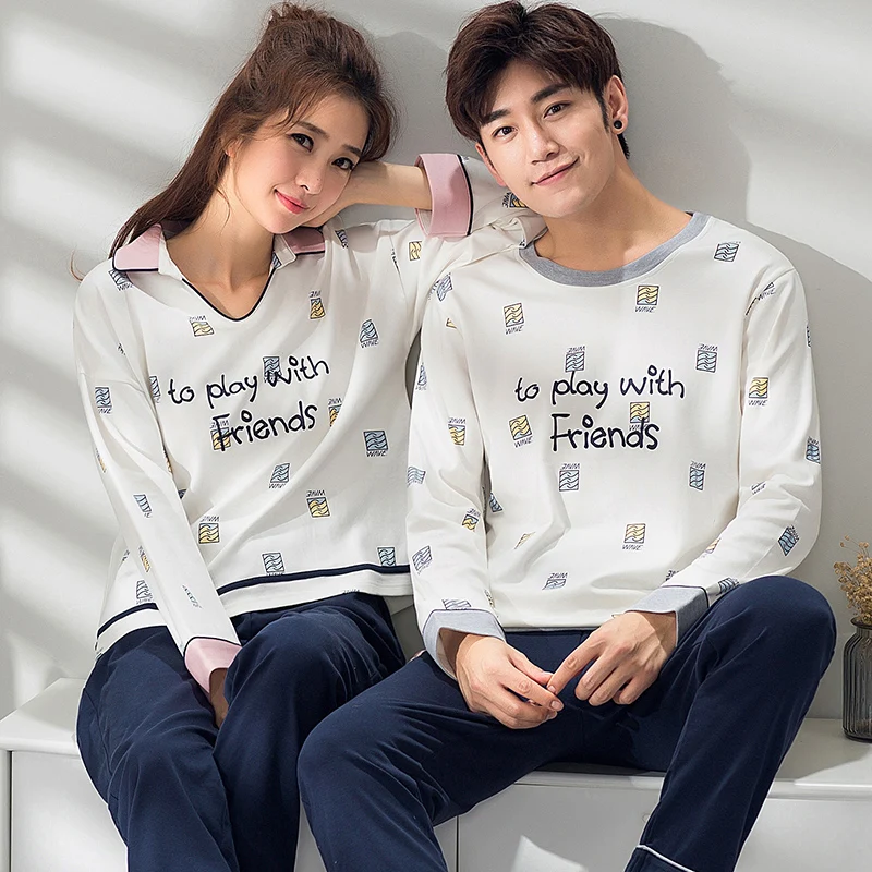 Осенне-зимняя 100% Хлопковая пижама с длинным рукавом для пары Свободная Женская и