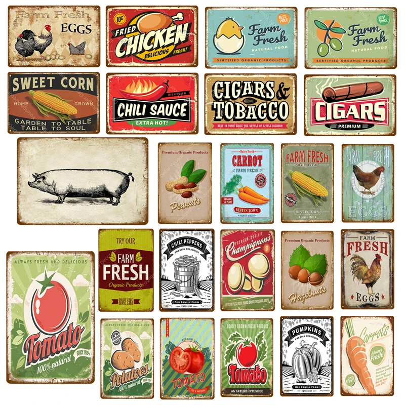 Ферма свежие яйца курица металлический постер сладкая кукуруза табак томатный