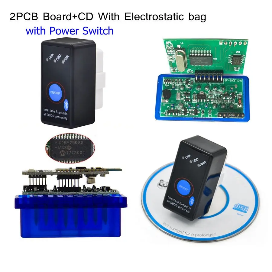 Лучший V1.5 аппаратный беспроводной сканер PIC18F25K80 ELM327 Bluetooth V1.5 поддерживает все протоколы OBD2 ELM 327 для Android - Цвет: ELM327 Power Switch