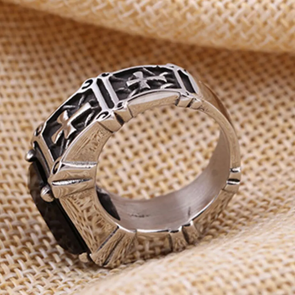 Male Stainless Steel Carved Cross Rings Antique Silver Rectangle Big Red Stone Ring Religious Punk Wedding Fashion Jewelry | Украшения и