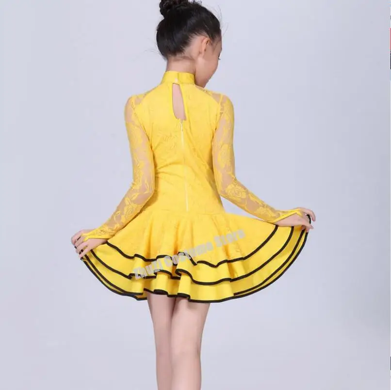 

2019 Lace Newest Sexy Ballroom Dresses Tango Salsa Latin Dance Dress Children Red Black Lace Dress For Girls Long Sleeve