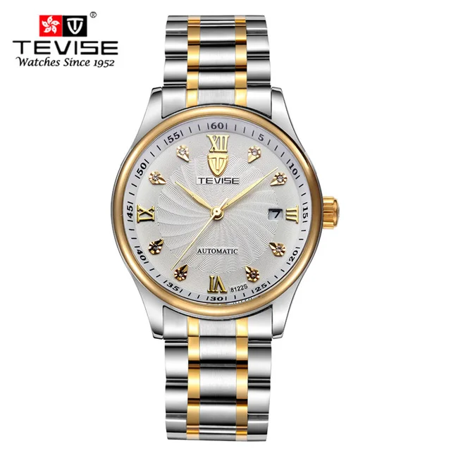 Мужские механические часы бренд Tevise Hours relojes hombre мужские часы Relogio Masculino военные спортивные мужские повседневные наручные часы - Цвет: Gold White