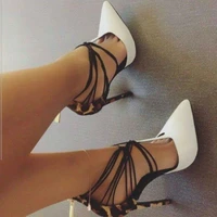 real photo new leopard heels pumps white pointed toe patchwork party dress shoes thin high heel cross strappy t shape pumps