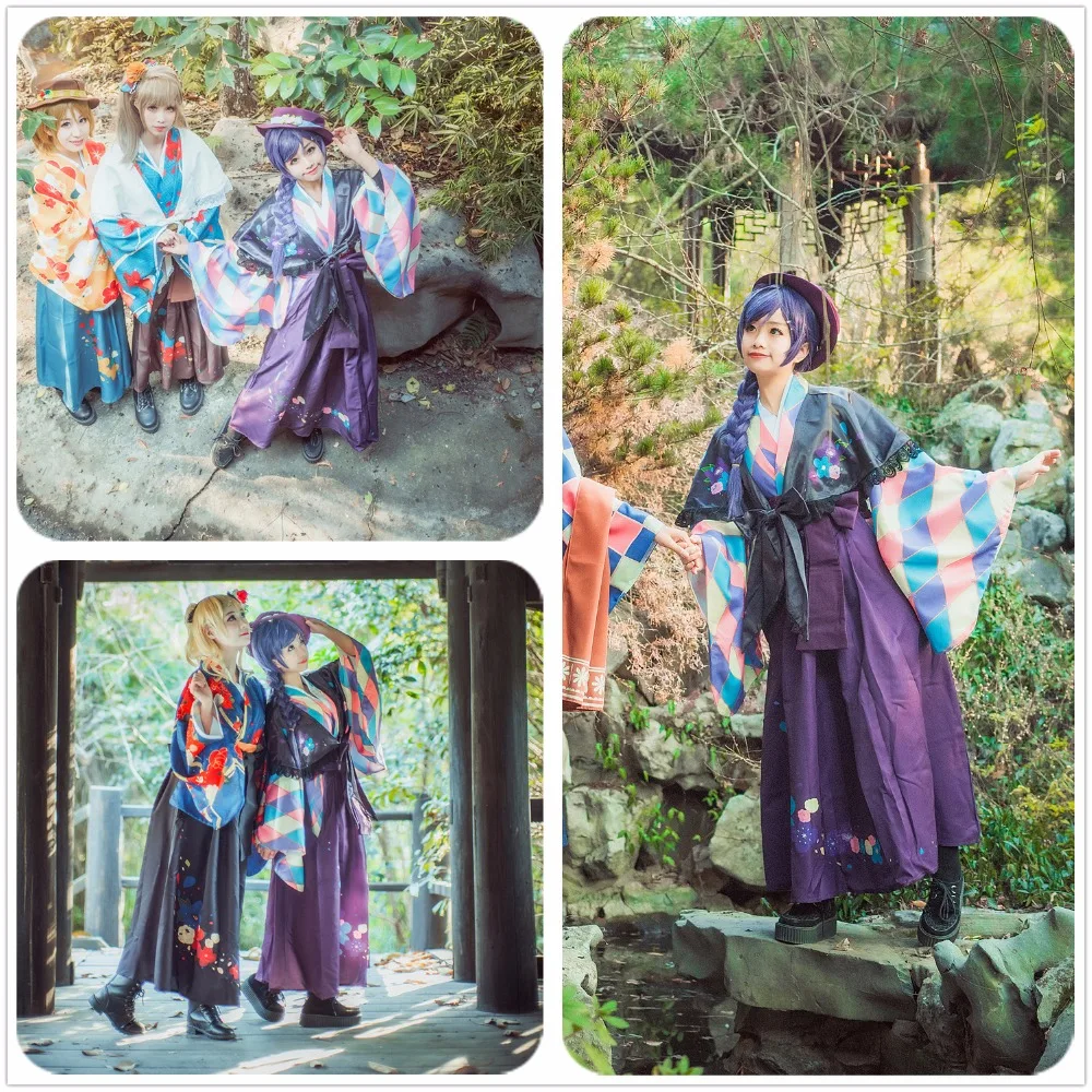 Anime Love Live! Tojo Nozomi Taisho Kimono Unawakened Cosplay Costume Custom Adult Women Purple Dress Hat Flower Satin Shawl |