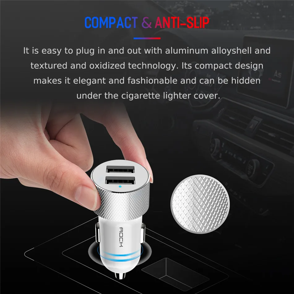 ROCK Dua-usb автомобильное зарядное устройство с выходом 2,4 а, быстрое зарядное устройство для мобильного телефона, адаптер для путешествий, прикуриватель, DC 12-24 в, металлическое автомобильное зарядное устройство