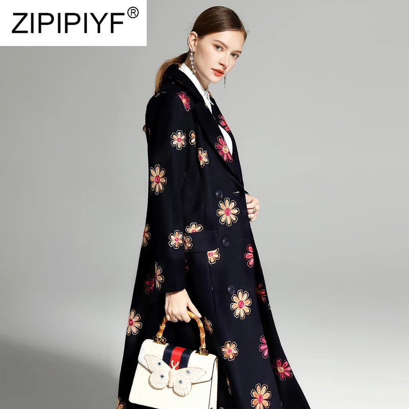 Повседневные винтажные женские длинные шерстяные пальто Цветочная вышивка