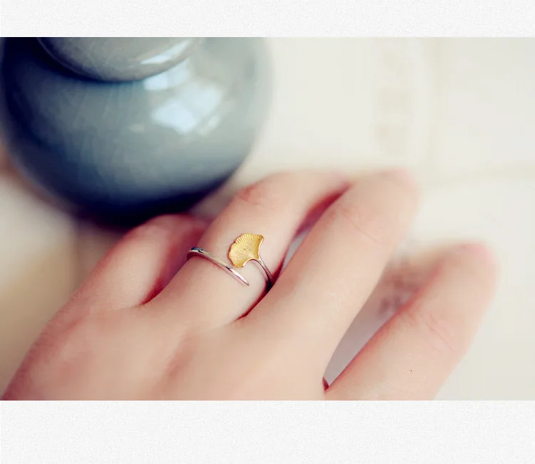 Женские кольца с листьями гинкго билоба регулируемый размер из чистого серебра