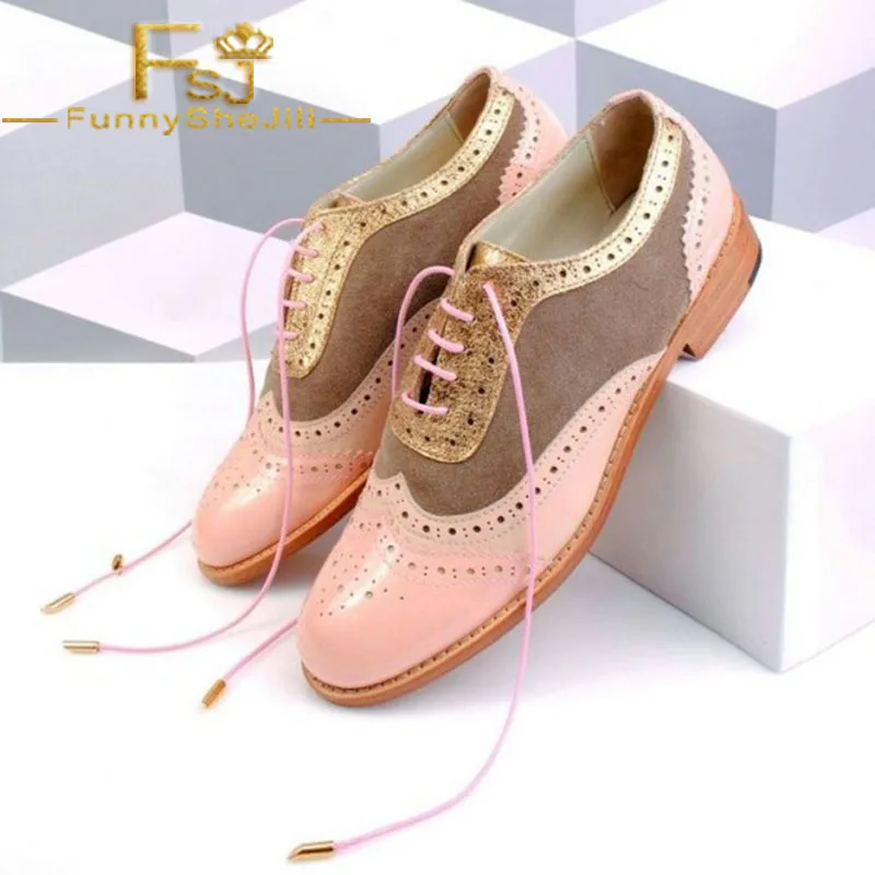 Розовые и коричневые женские оксфорды Wingtip на шнуровке плоские винтажные броги