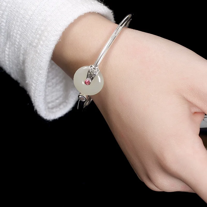 Real 925 Sterling Silver Cuff Bangle With Jade Peace Buckle Natural Gemstone Bracelets &amp Bangles Shifting Lucky And | Украшения и