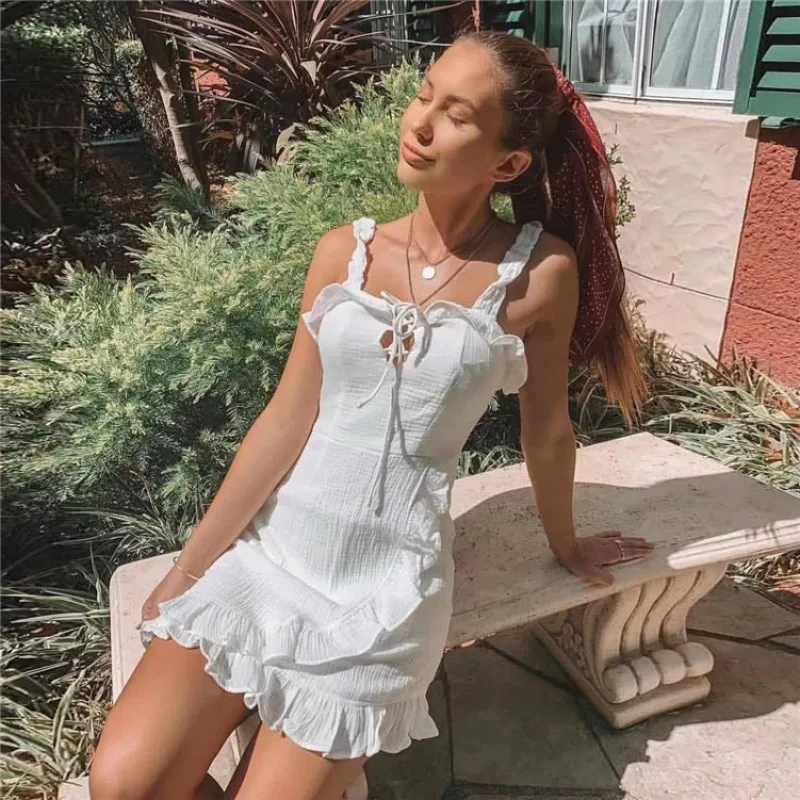

New Women's Mini Dresses Sexy Strap Luxury Ruffles Slim Beach Dress For Ladies 2019 Summer Female Cool Vacation Chic Vestidos