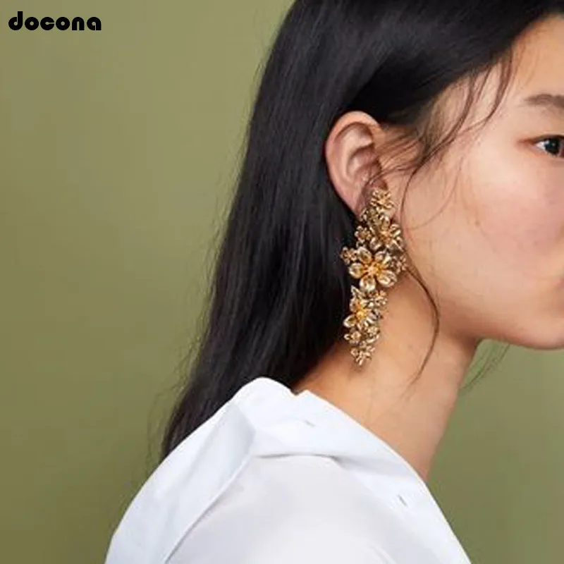 Docona Роскошные Длинные большие золотые Подвесные серьги в форме цветка для женщин