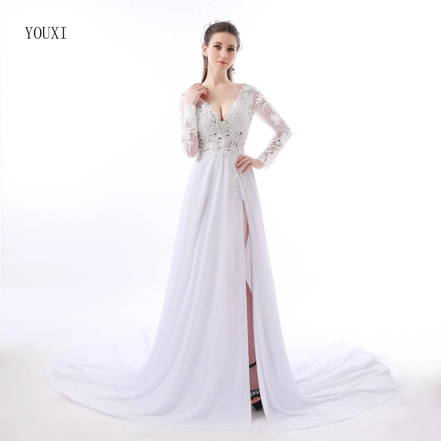 Сексуальное шифоновое вечернее платье с аппликацией и длинными рукавами белые