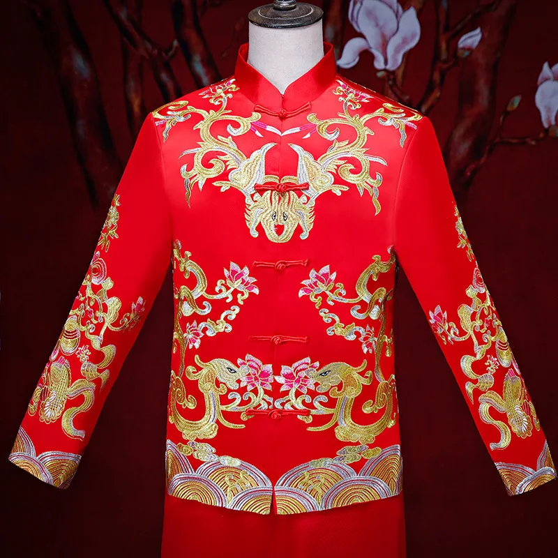 Мужской красный cheongsam тост костюмы жениха платье куртка длинное Традиционный