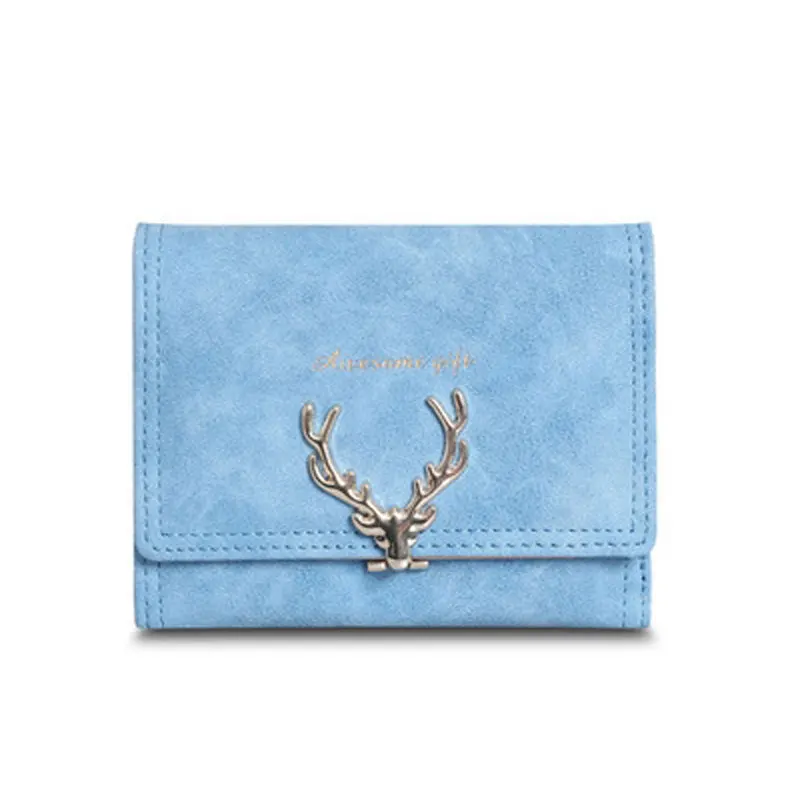 Light Blue Short Новинка, женский кожаный бумажник с рождественским оленем, винтажный Роскошный кошелек для денег, маленький черный клатч, держатель для монет - Цвет: Light Blue Short