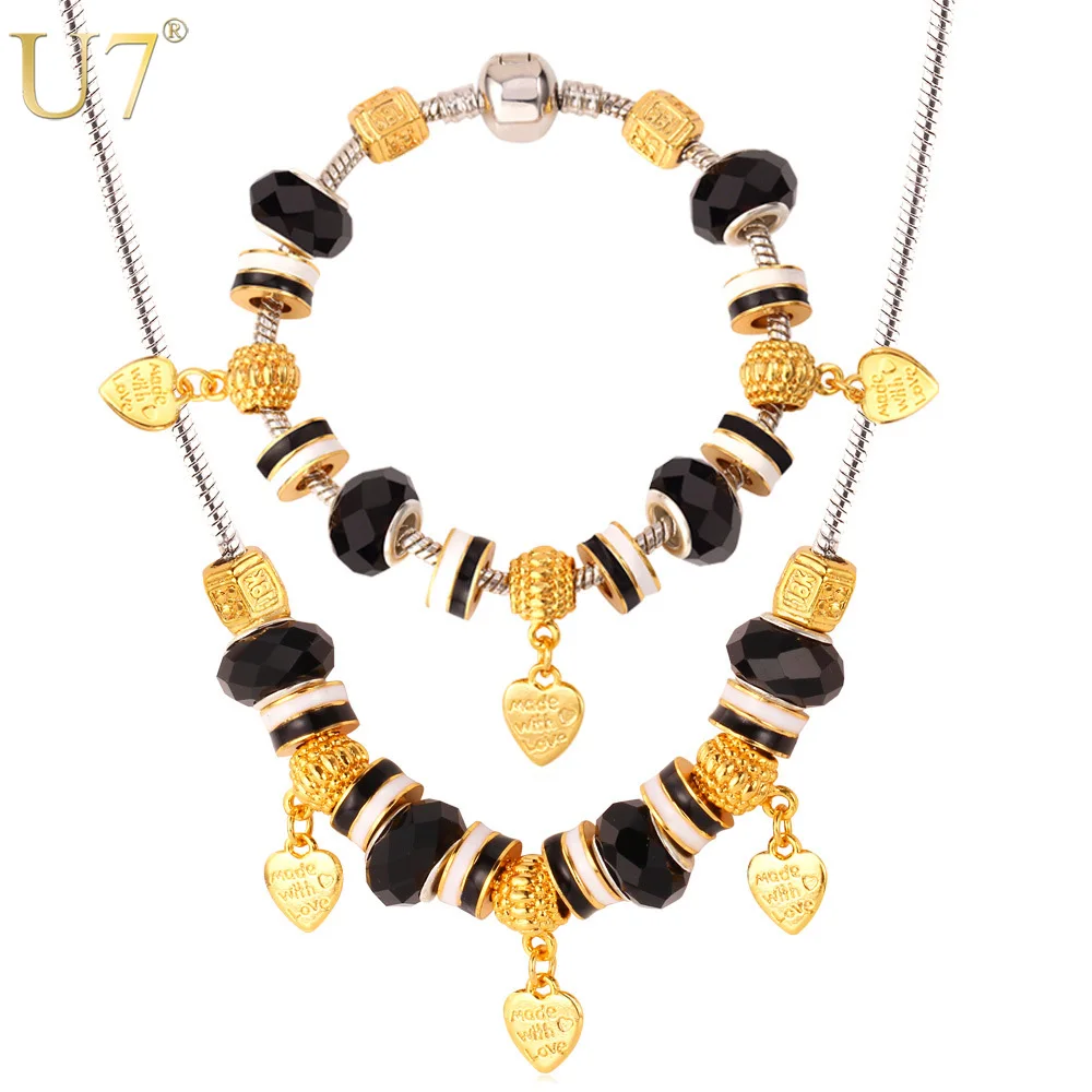 Комплект из колье и браслета золотистого цвета с подвеской в виде сердца|necklace