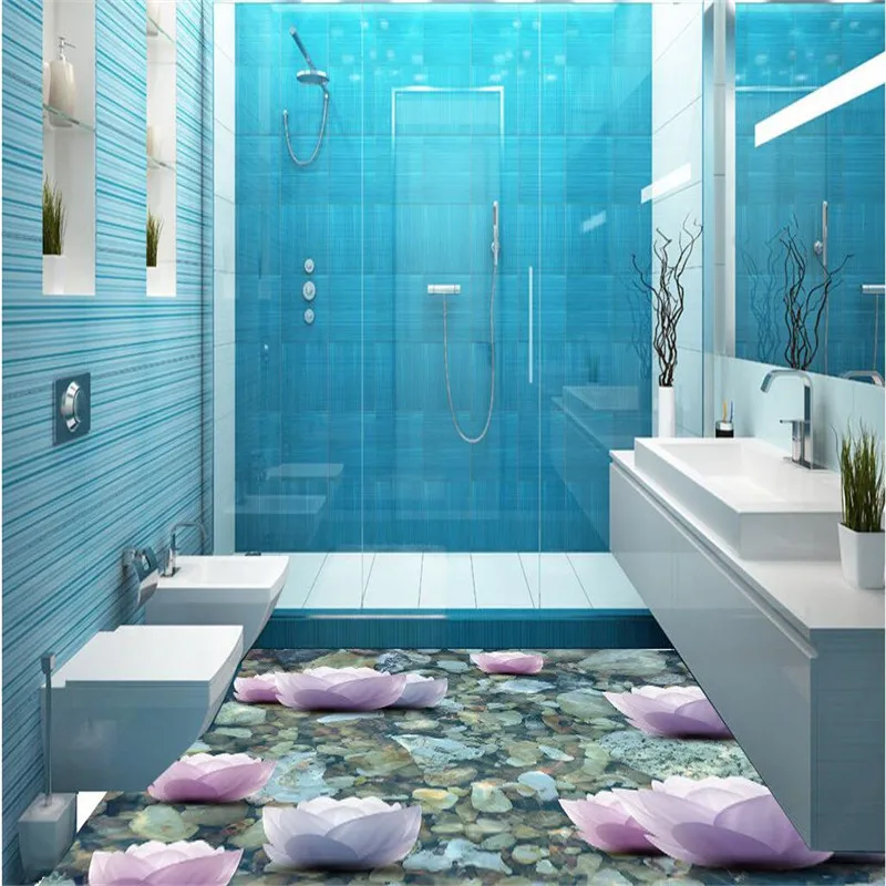 Современные пол живопись HD розовый Лотос речной камень Водонепроницаемый Ванная