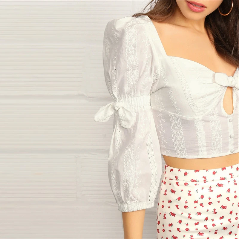 SHEIN, с узлом, на пуговицах, спереди, Peekaboo Schiffy, белая блузка, укороченный топ, женские весенние буфы на рукавах с вышивкой, блузка