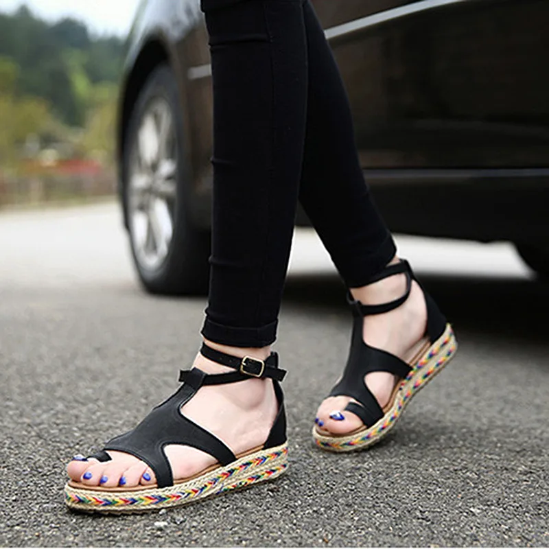 Женские сандалии модная соломенная обувь женские летние на танкетке с ремешком